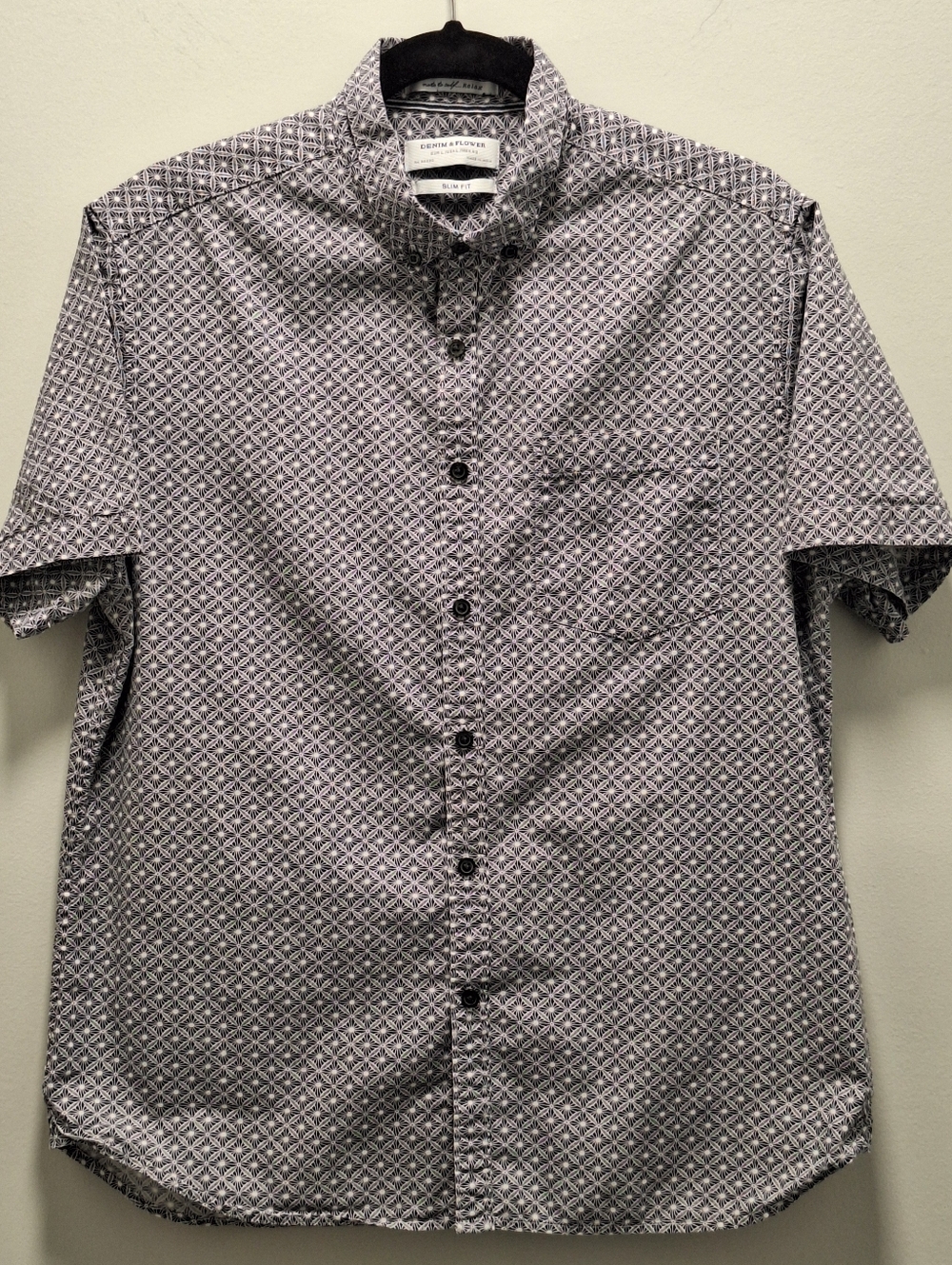Denim & Flower Short-Sleeve Button-Down Stretch | Black/White Micro Print | L